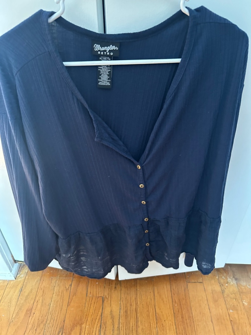 Wrangler Retro Navy Button-Front Peplum Blouse